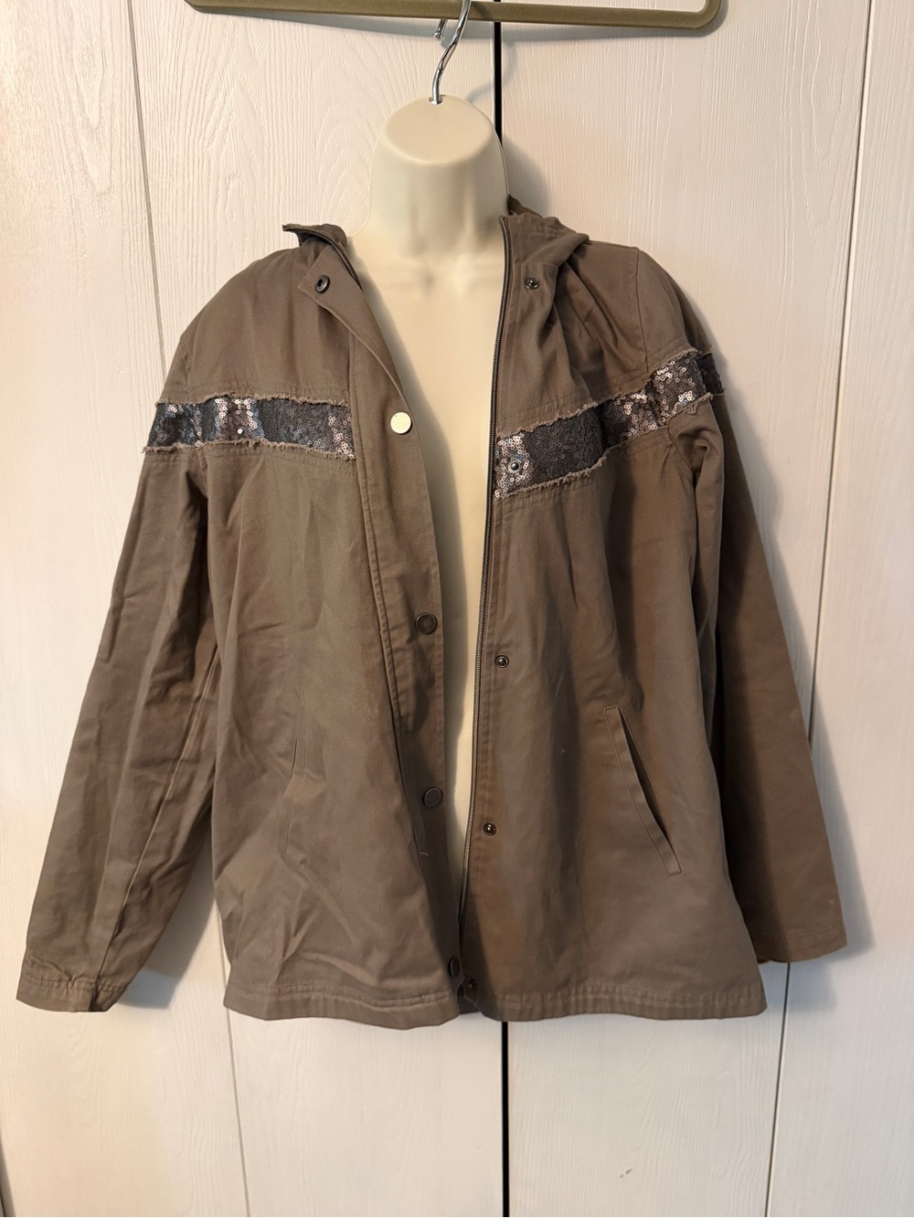 Women’s Brown Hooded Casual Jacket with Sequined Accent